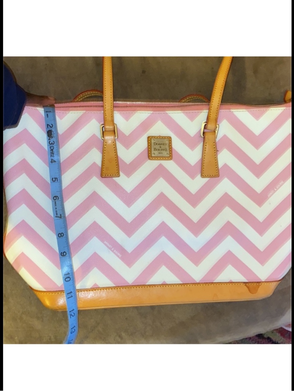 Dooney & Bourke Pink and White Chevron Tote with Tan Trim - Picture 6 of 7